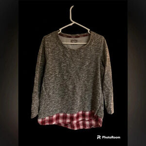 Ruff Hewn gray sweater with red plaid design on bottom